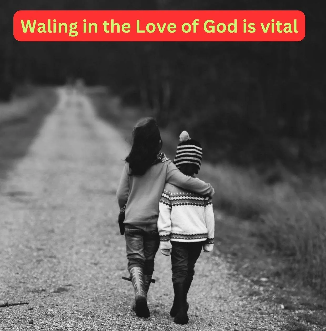 Picture of a girl with her arm around the little boy walking down a dirt road