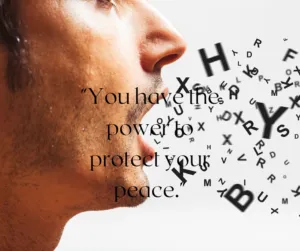 Close-up of a person's mouth with letters and words flying out of it, symbolizing the power of words