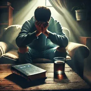 Person sitting in despair on a couch with an open Bible nearby, symbolizing hope and faith during addiction recovery.