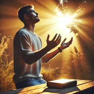 Person standing in the sunlight with hands open in surrender, symbolizing healing, freedom, and faith in God after addiction recovery.