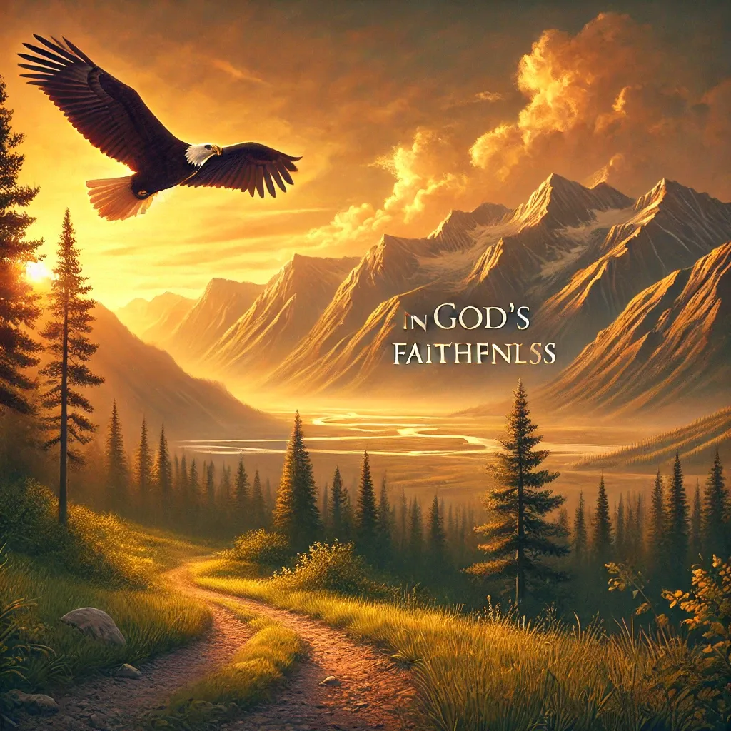 A majestic eagle soaring above a sunrise-lit mountain range, symbolizing strength, renewal, and trusting in God's timing, inspired by Isaiah 40:31