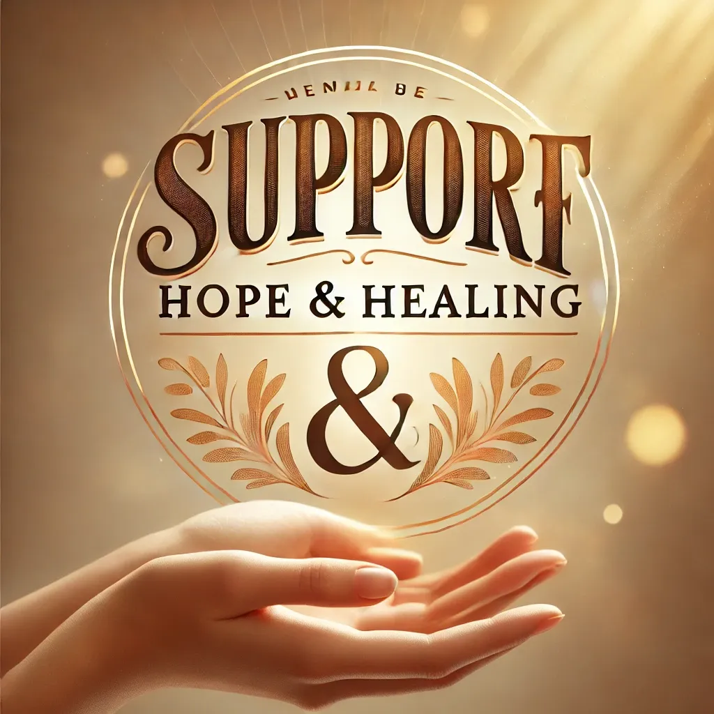 Hands holding a golden emblem with 'Support Hope & Healing' written, symbolizing faith, love, and generosity