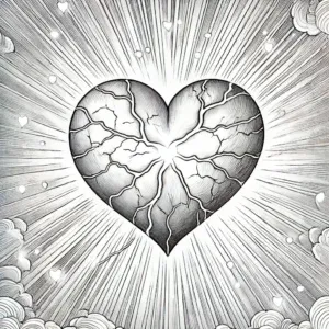 Heart with cracks being filled by soft glowing light, symbolizing emotional healing and restoration. The heart is central with glowing light emanating from it, ideal for a faith-based coloring book focused on healing through God's grace. Includes space for scripture and reflection, suitable for coloring