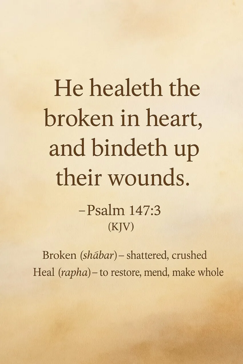 Devotional graphic of Psalm 147:3 – He healeth the broken in heart – Hebrew shabar and rapha explained