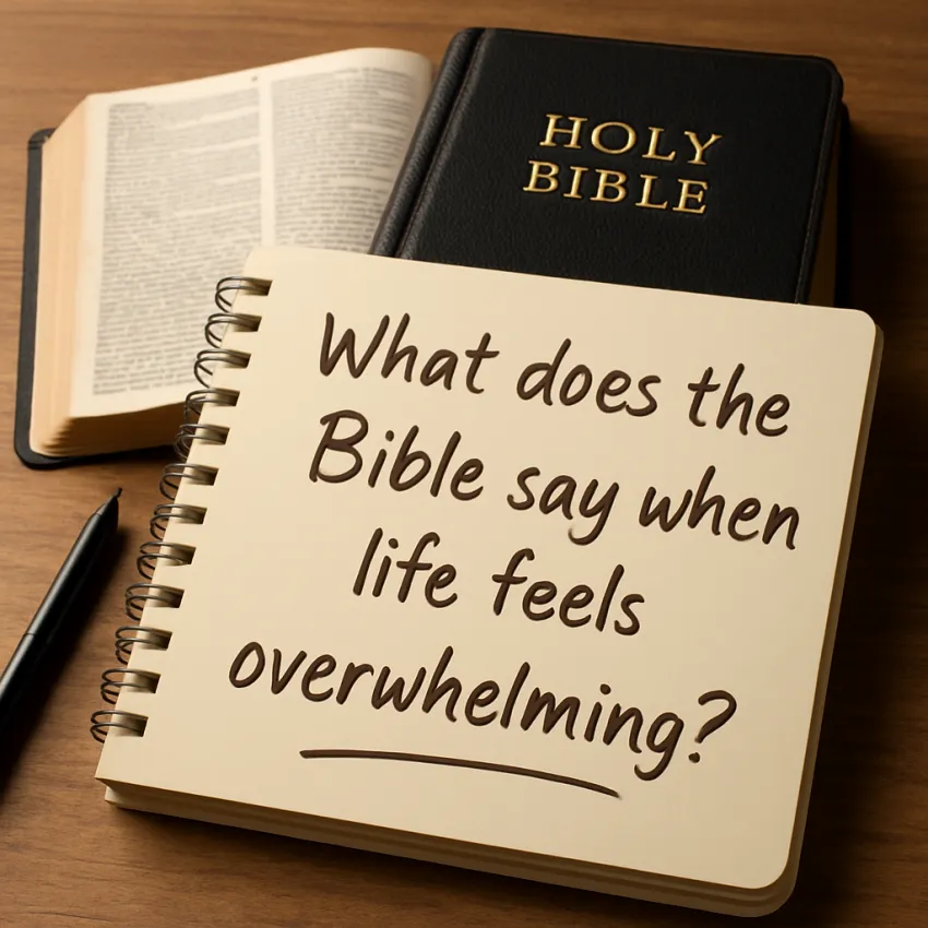 Open Bible with the words ‘What does the Bible say when life feels overwhelming?’ offering Christian encouragement and faith-based hope