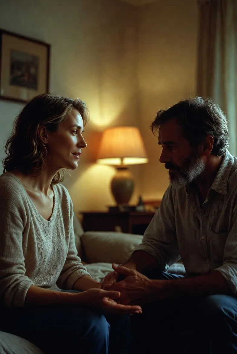 Wife talking calmly with her alcoholic husband in a cozy living room while he listens sober