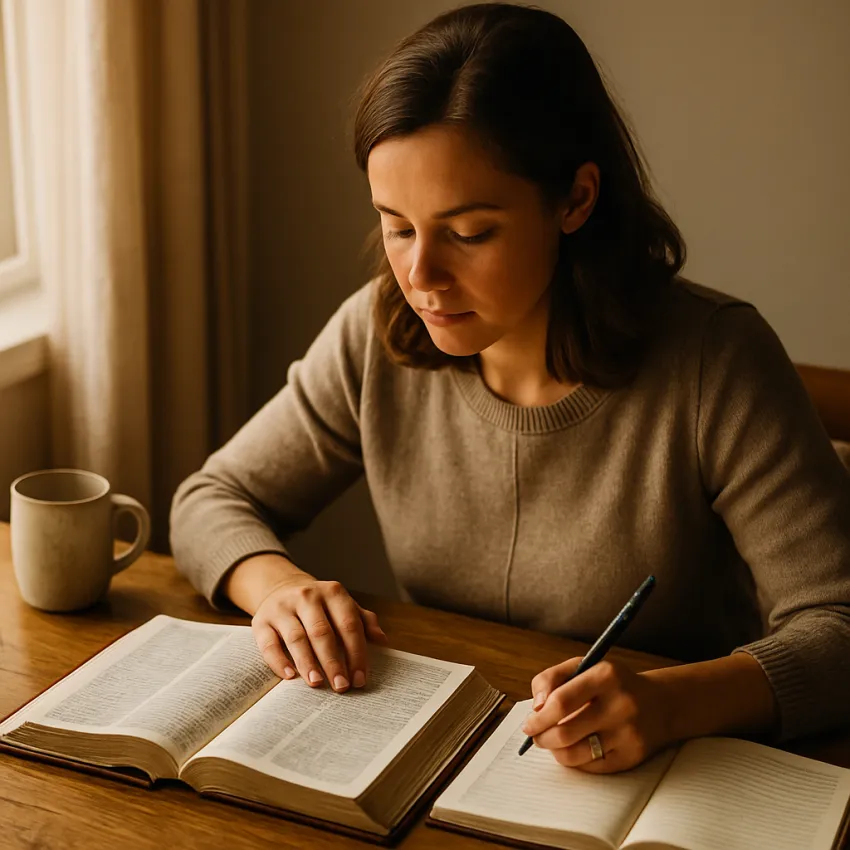 Seeing people through God’s eyes devotional illustration of a person journaling with an open Bible in warm morning light.