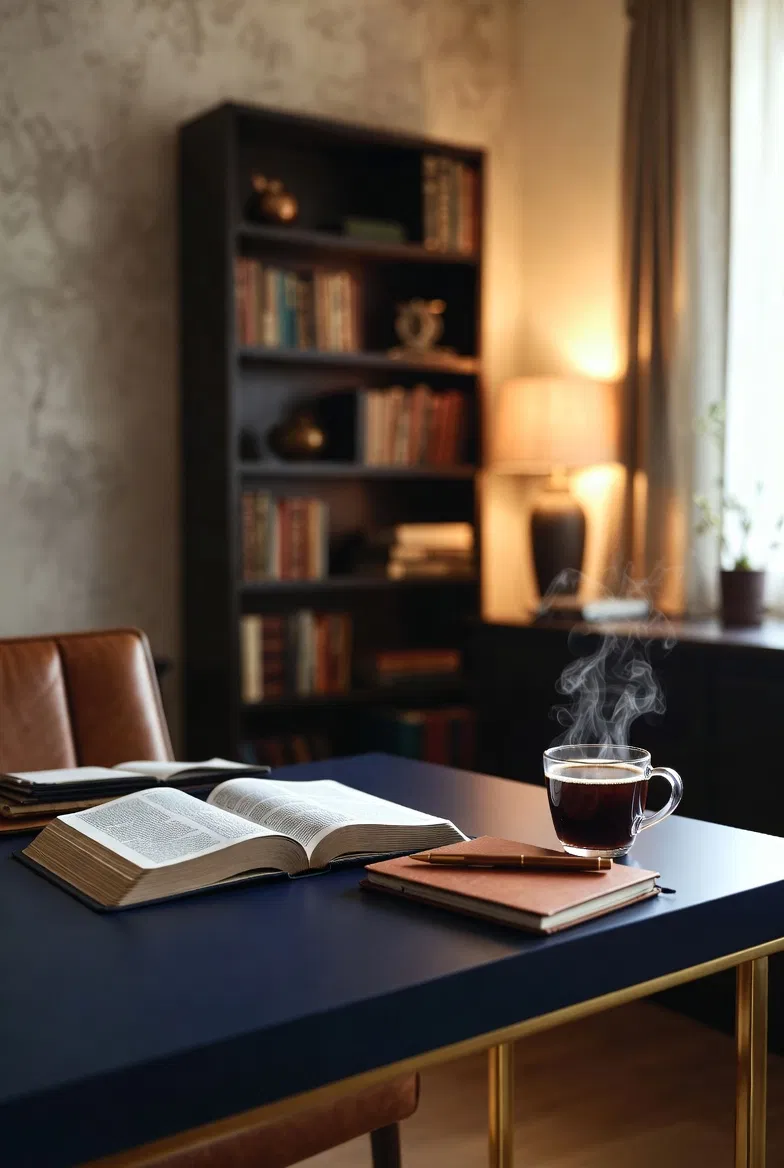 An open Bible, journal, and coffee on a wooden desk in warm morning light, representing intentional daily faith, teaching, and life coaching with Purpose and Hope with Frank Wyatt