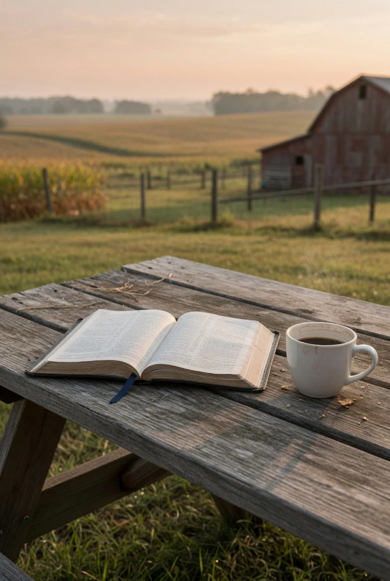 Open Bible on a wooden table with soft morning light and coffee