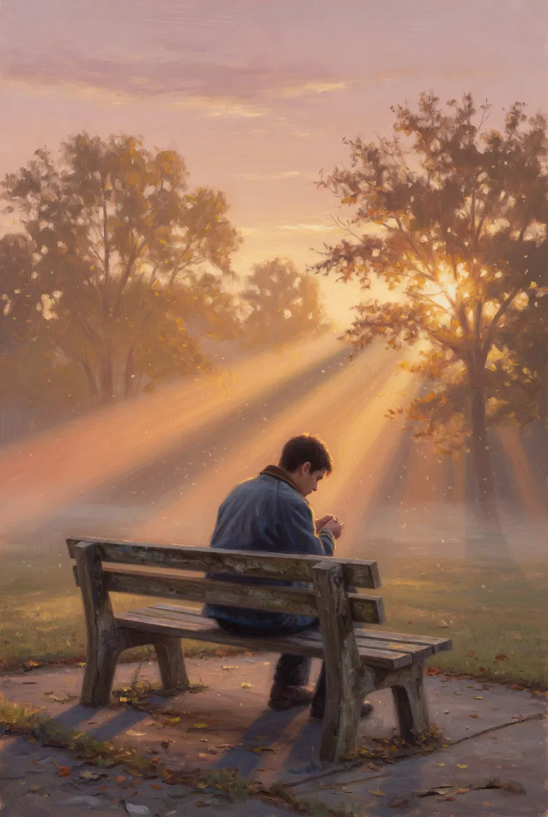 Person sitting on a bench at dawn, finding peace and hope after being let down by others