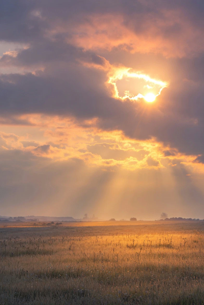 Bright sunrise breaking through clouds over an open field