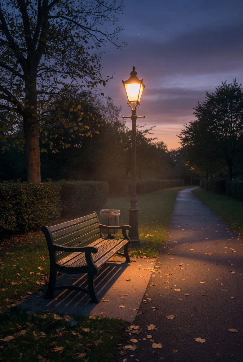 Empty park bench at dusk with warm streetlight on a quiet path
