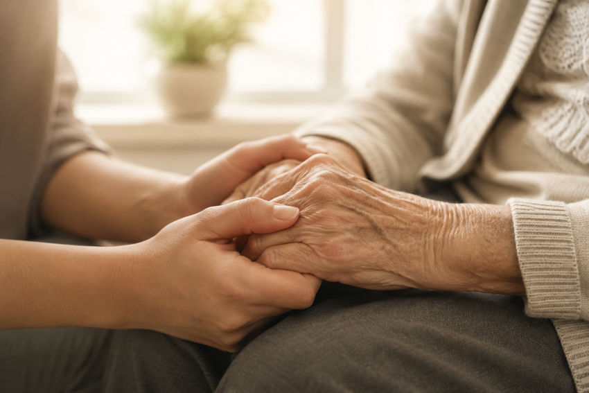 A caregiver tenderly holding the hand of an elderly parent — trusting God through a hard season in a nursing home.
