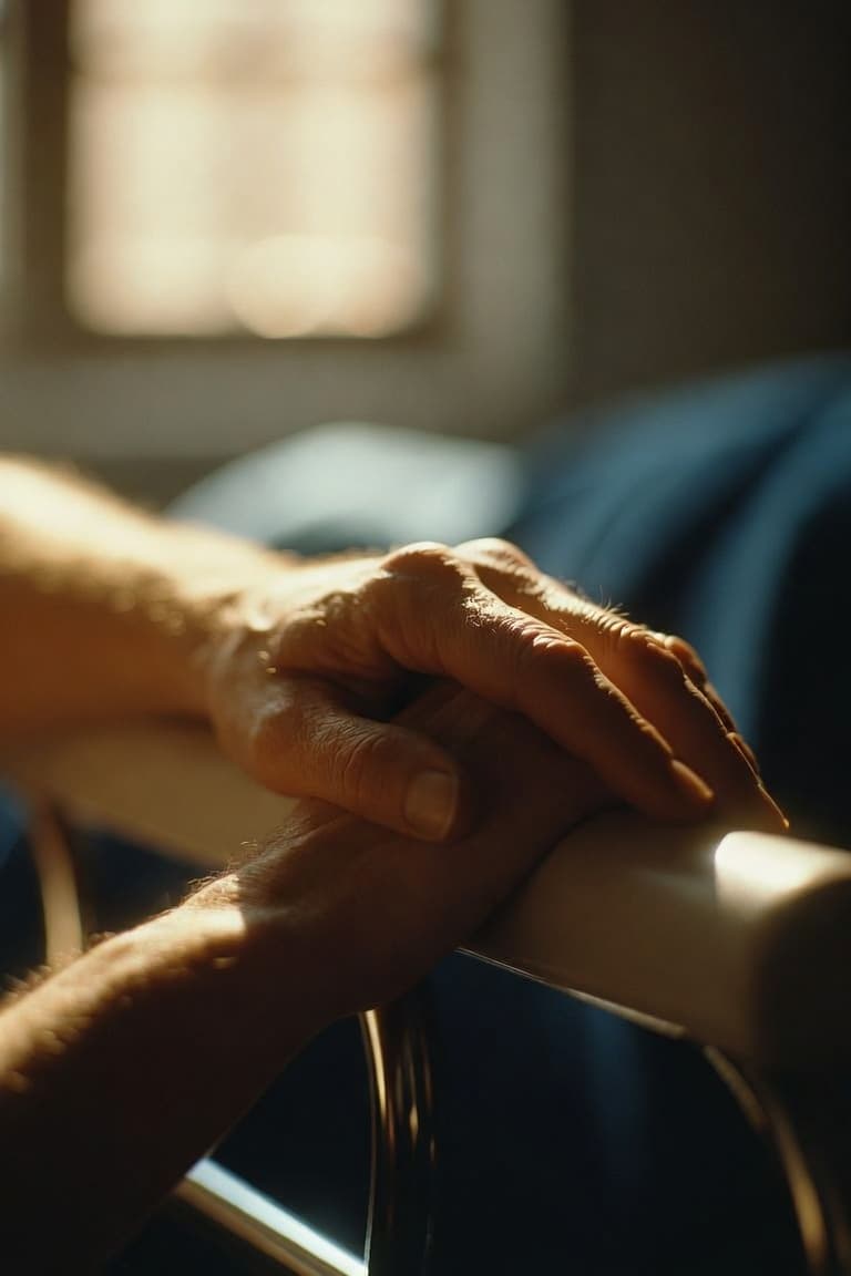 Adult child's hand resting gently on an elderly parent's hand, symbolizing trust in God during a parent's move into long-term care